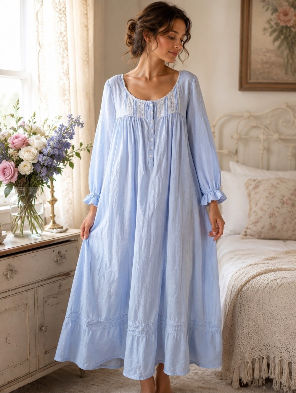 Eileen West Light Blue Cotton Nightgown Victorian Style Medium